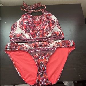 Becca Orange Two Piece Swim Bikini Set Size Medium D Cup Halter Aztec